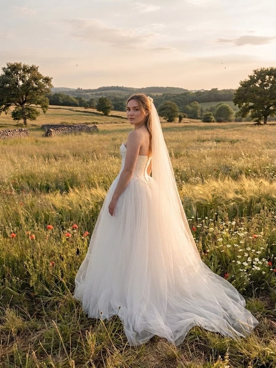 Une mariée en robe de tulle et voile long, dans un champ à la tombée du jour