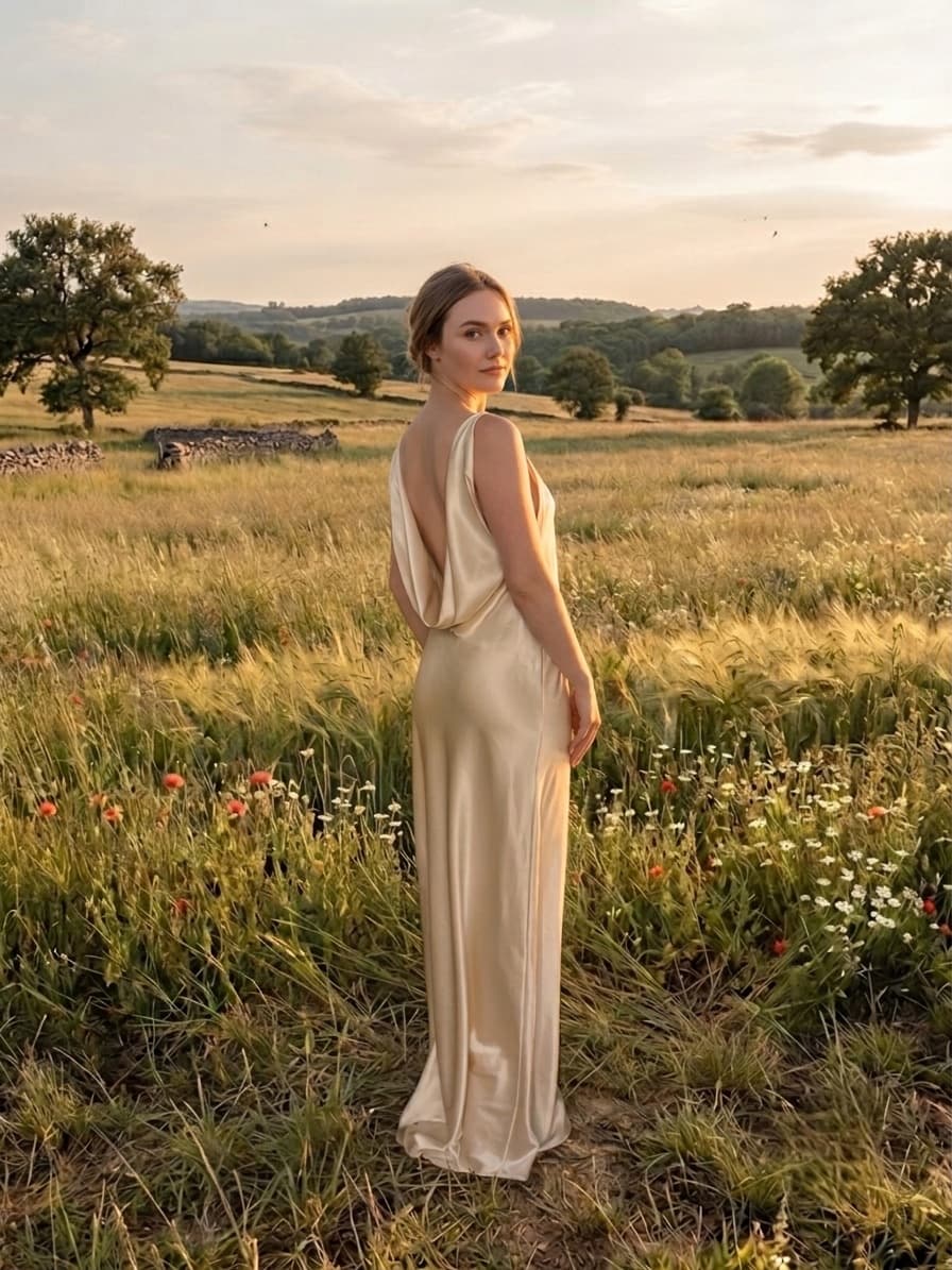 Robe en satin à dos drapé, portée dans un champ à la tombée du jour